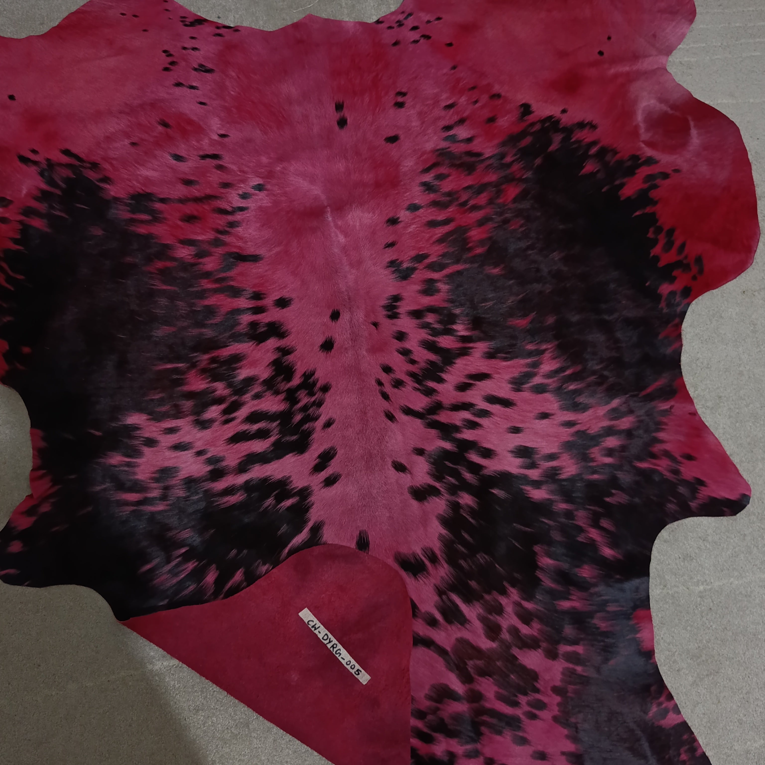 Medium Red Dyed Cowhide Rug — Warm Crimson with Black Markings | 4'4" x 4'6"
