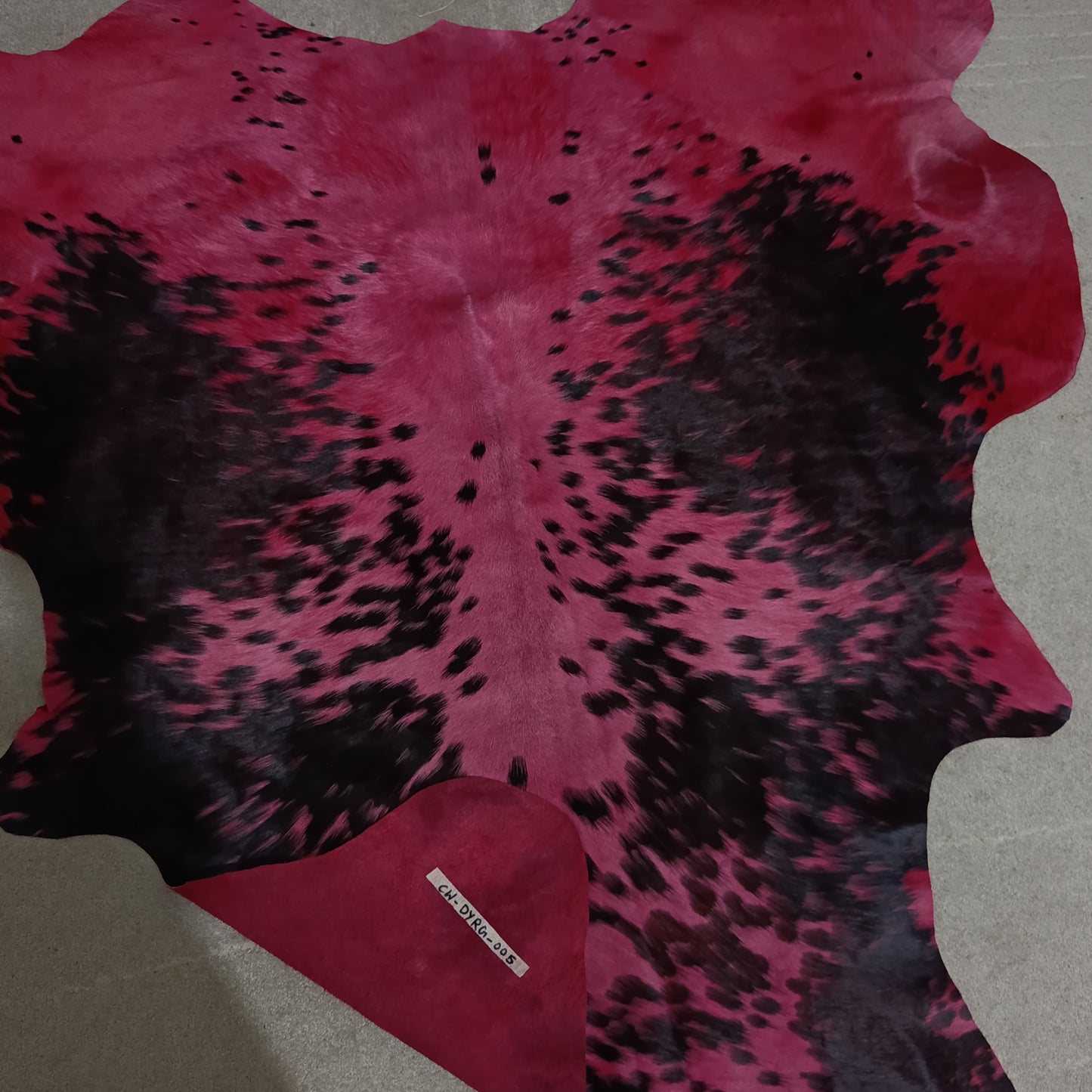 Medium Red Dyed Cowhide Rug — Warm Crimson with Black Markings | 4'4" x 4'6"