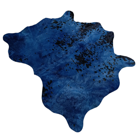 Blue Dyed Cowhide Accent Rug — Turquoise to Deep Blue with Natural Spots | 4'5" x 3'7"