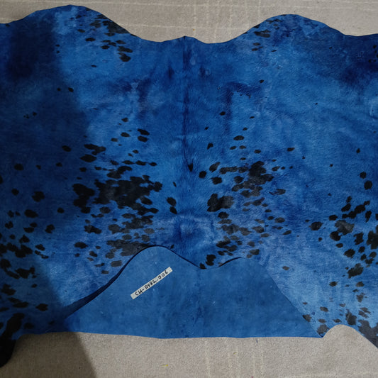 Blue Dyed Cowhide Accent Rug — Turquoise to Deep Blue with Natural Spots | 4'5" x 3'7"