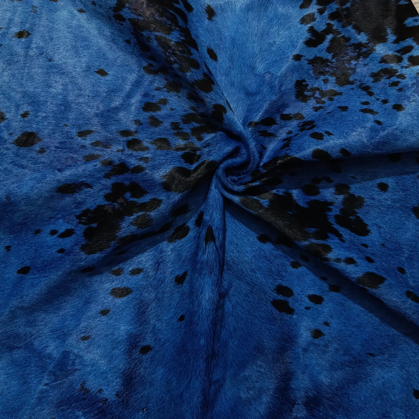 Blue Dyed Cowhide Accent Rug — Turquoise to Deep Blue with Natural Spots | 4'5" x 3'7"