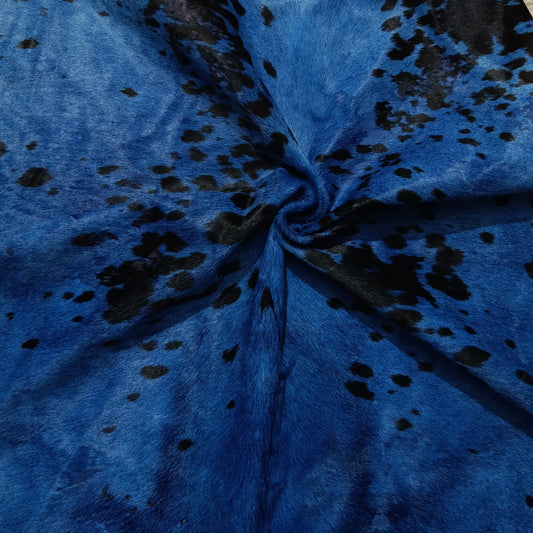 Blue Dyed Cowhide Accent Rug — Turquoise to Deep Blue with Natural Spots | 4'5" x 3'7"