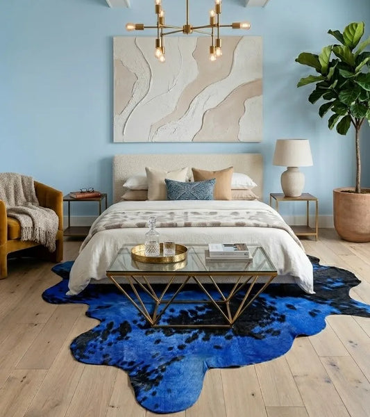 Dyed Blue Cowhide Rug with Black Spots (5x5 ft) – Azure Noir | Ventinots