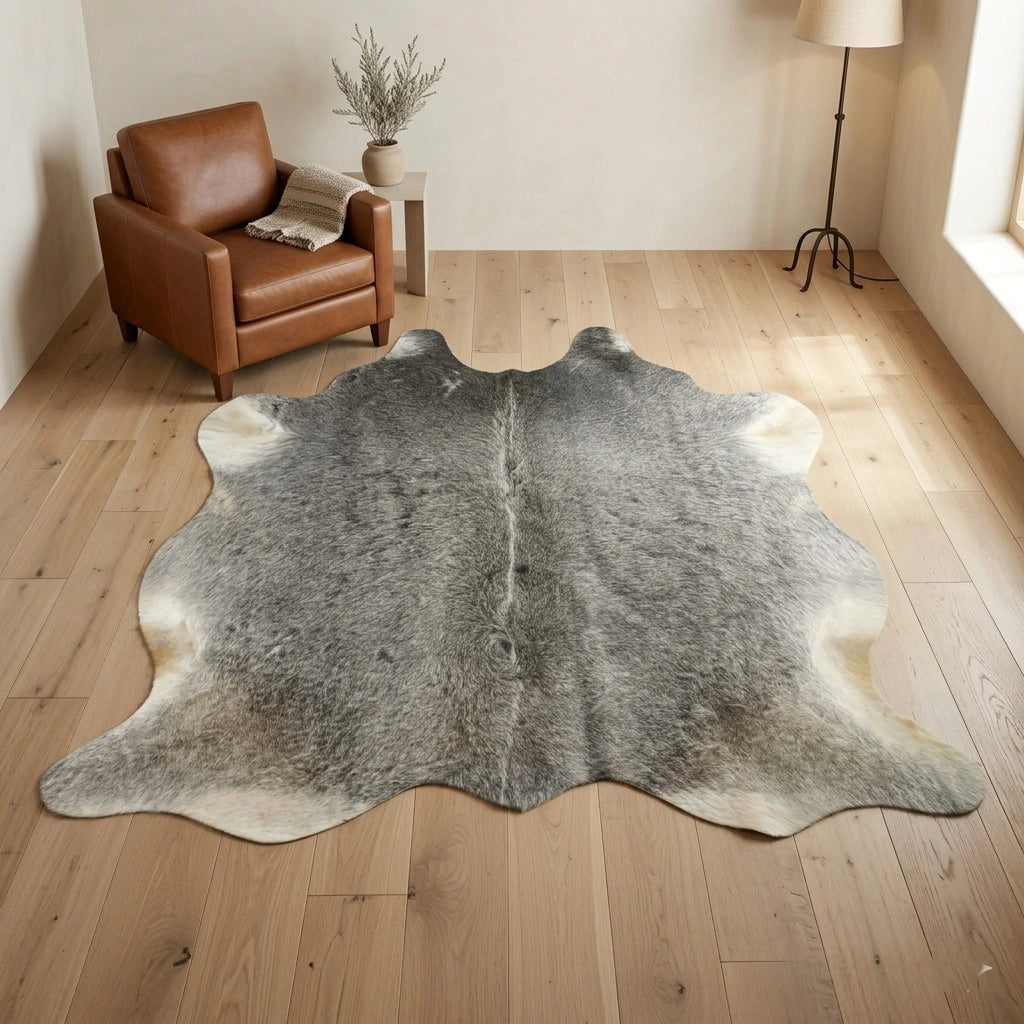 Grey cowhide rugs in 4'-3" x 3'-6"