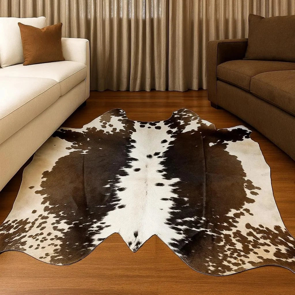 Brown and White salt and pepper, Tricolor Cowhide Rug – 4'-10" x 4'-9"