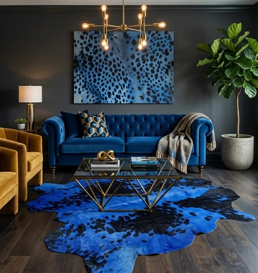 Dyed Blue Cowhide Rug with Black Spots (5x5 ft) – Azure Noir | Ventinots