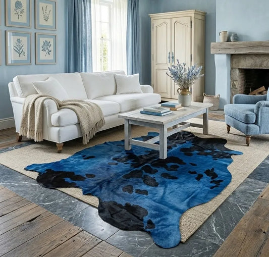 Large Blue Dyed Cowhide Rug — Navy to Cobalt with Natural Black Spots | 4'10" x 5'9"