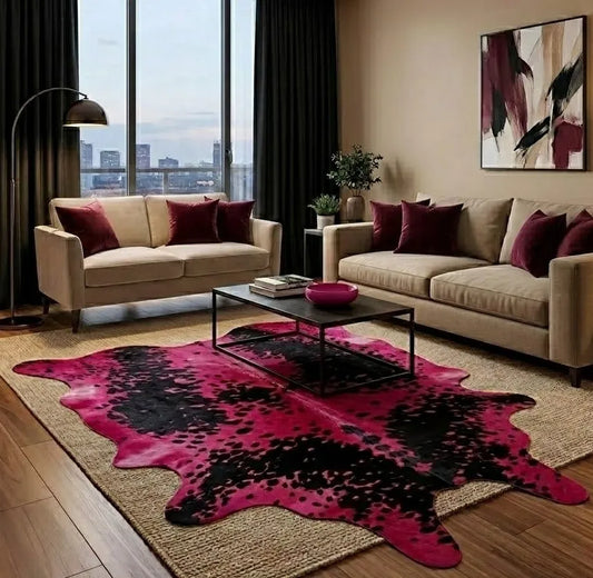 Dyed Red Cowhide Rug with Black Speckles (5x5 ft) – Crimson Noir | Ventinots