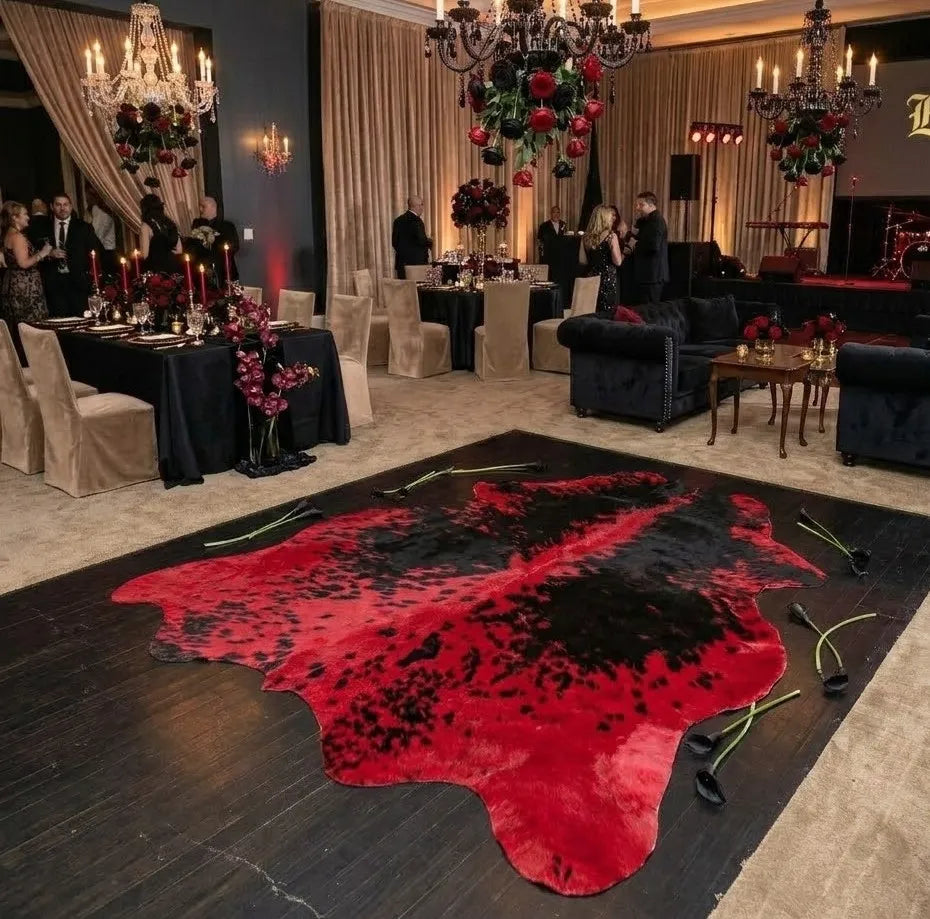 Ruby Eclipse – Dyed Red Cowhide Rug with Fine Black Speckled Pattern