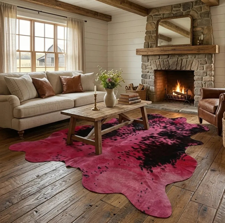 Medium Red Dyed Cowhide Rug — Warm Crimson with Black Markings | 4'4" x 4'6"