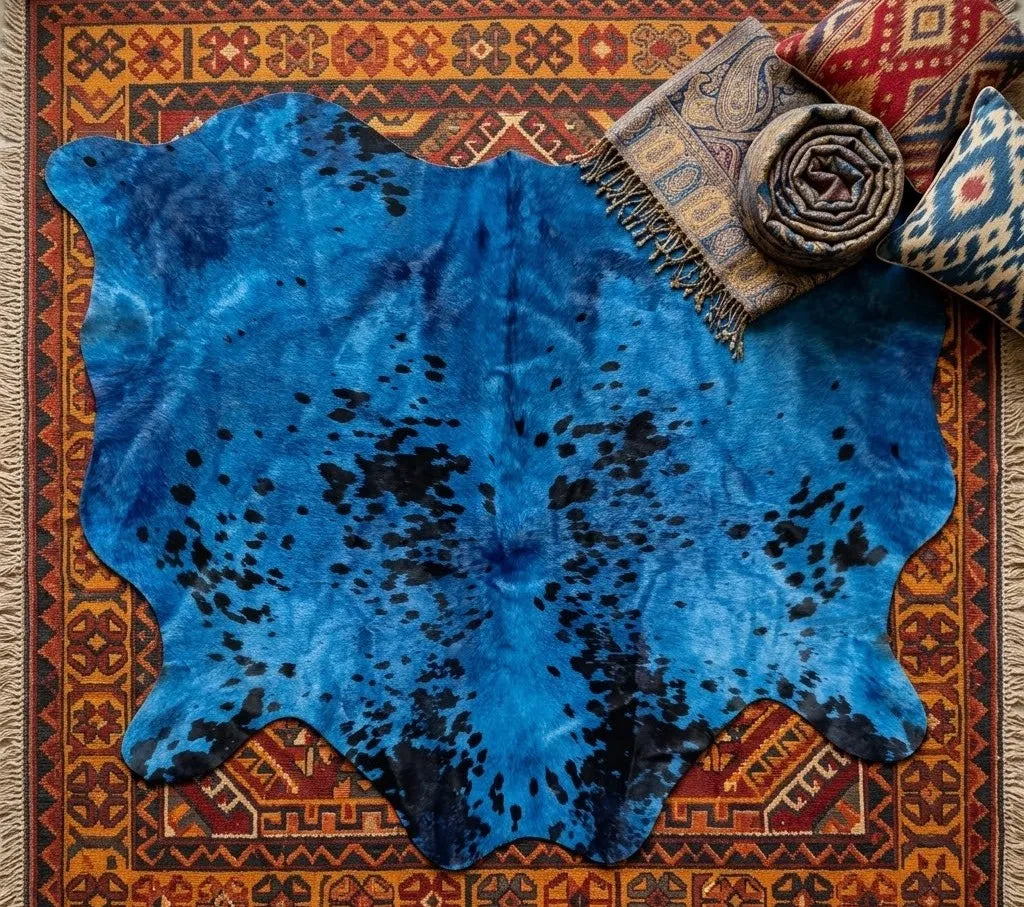 Blue Dyed Cowhide Accent Rug — Turquoise to Deep Blue with Natural Spots | 4'5" x 3'7"