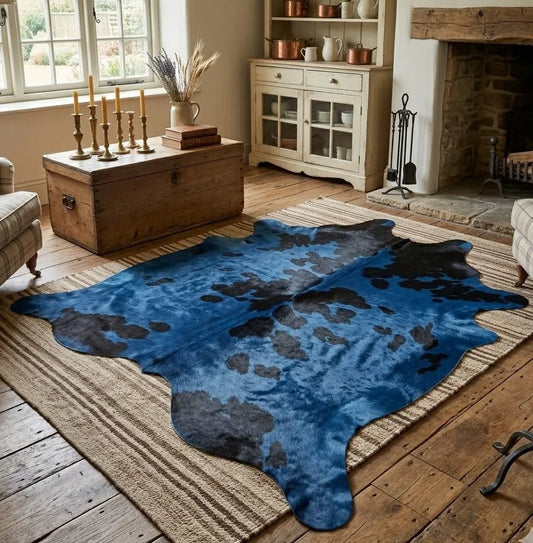 Large Blue Dyed Cowhide Rug — Navy to Cobalt with Natural Black Spots | 4'10" x 5'9"