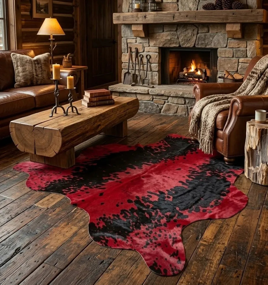 Dyed Red Cowhide Rug with Black Speckles (5x5 ft) – Crimson Noir | Ventinots