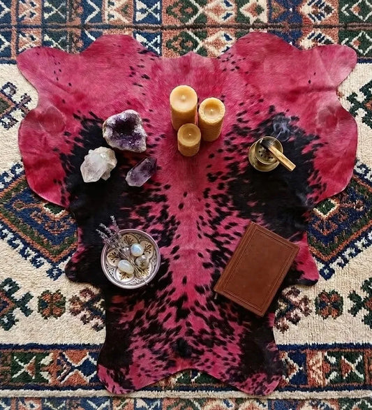 Medium Red Dyed Cowhide Rug — Warm Crimson with Black Markings | 4'4" x 4'6"