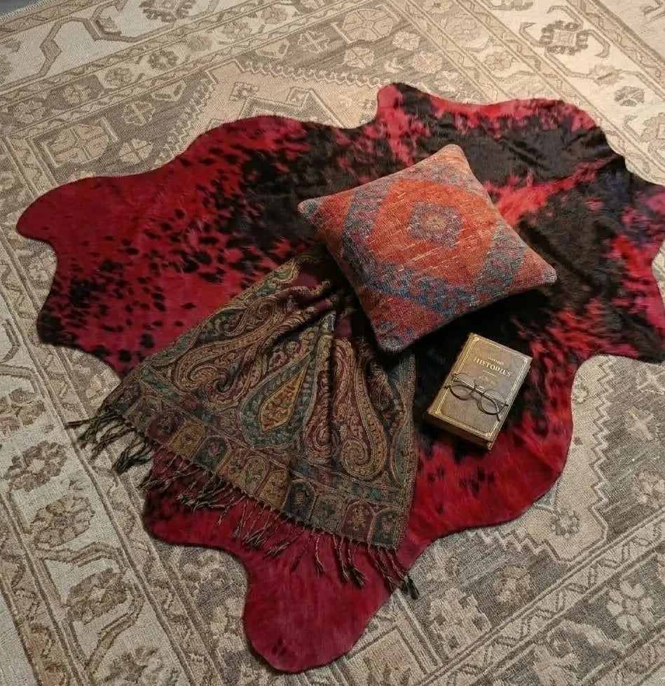 Ruby Eclipse – Dyed Red Cowhide Rug with Fine Black Speckled Pattern