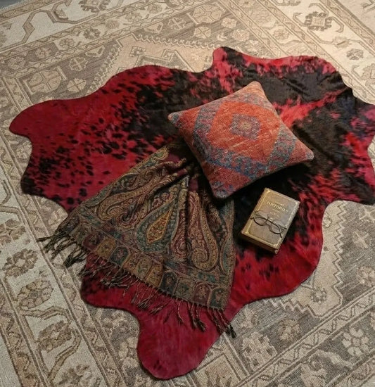 Ruby Eclipse – Dyed Red Cowhide Rug with Fine Black Speckled Pattern