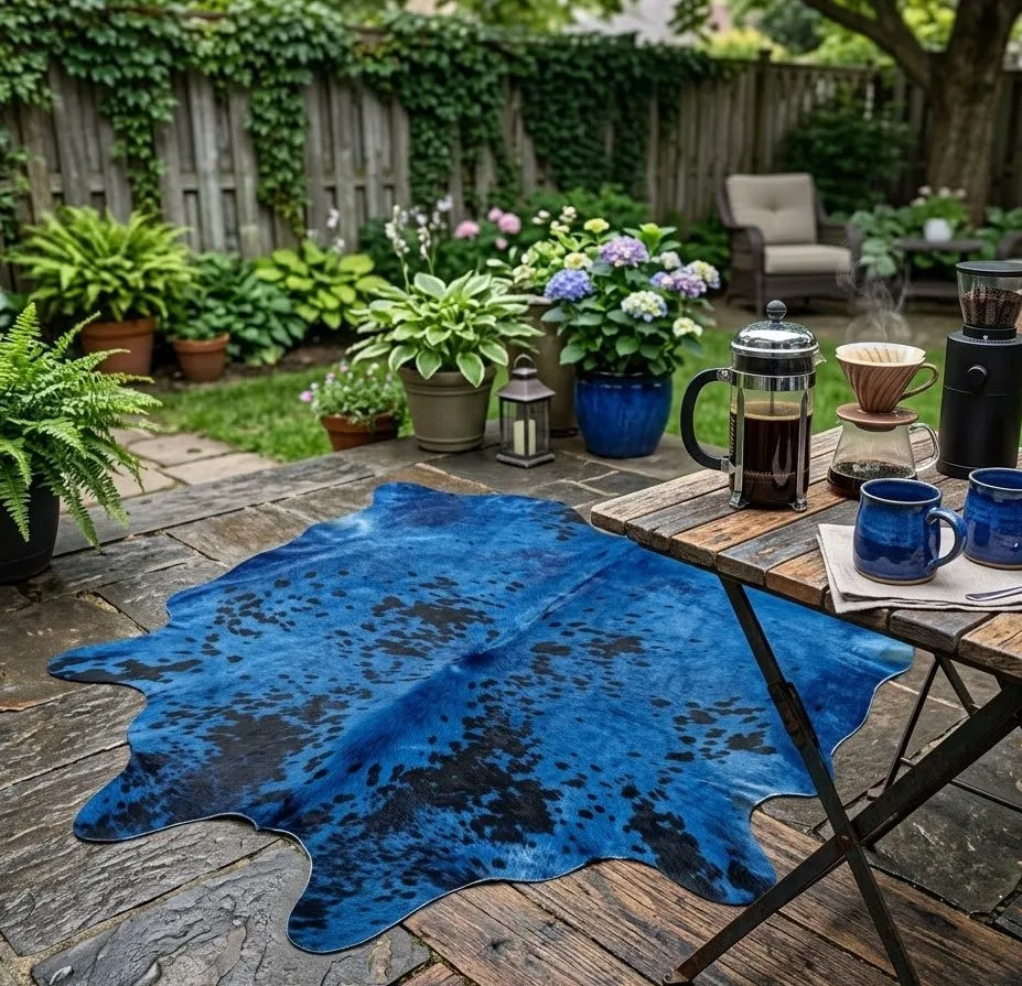 Blue Dyed Cowhide Accent Rug — Turquoise to Deep Blue with Natural Spots | 4'5" x 3'7"