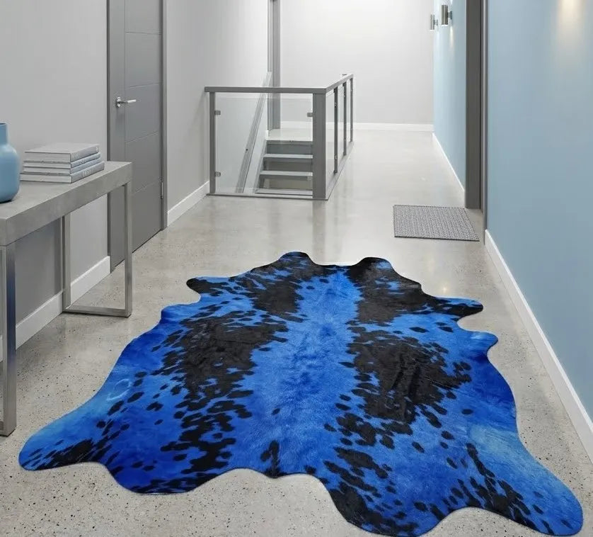 Dyed Blue Cowhide Rug with Black Spots (5x5 ft) – Azure Noir | Ventinots