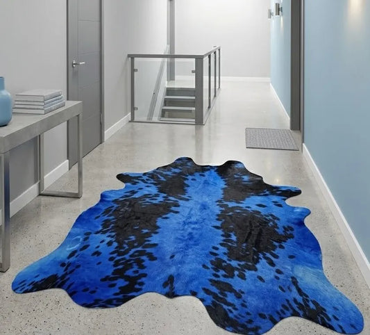 Dyed Blue Cowhide Rug with Black Spots (5x5 ft) – Azure Noir | Ventinots