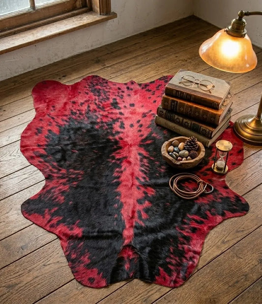 Ruby Eclipse – Dyed Red Cowhide Rug with Fine Black Speckled Pattern