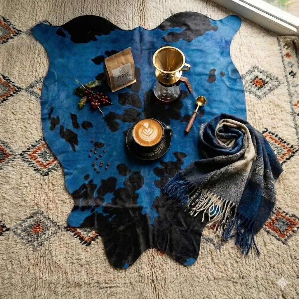 Large Blue Dyed Cowhide Rug — Navy to Cobalt with Natural Black Spots | 4'10" x 5'9"