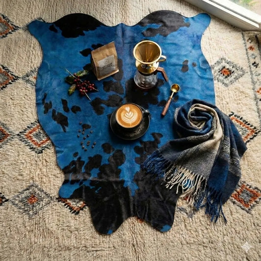 Large Blue Dyed Cowhide Rug — Navy to Cobalt with Natural Black Spots | 4'10" x 5'9"