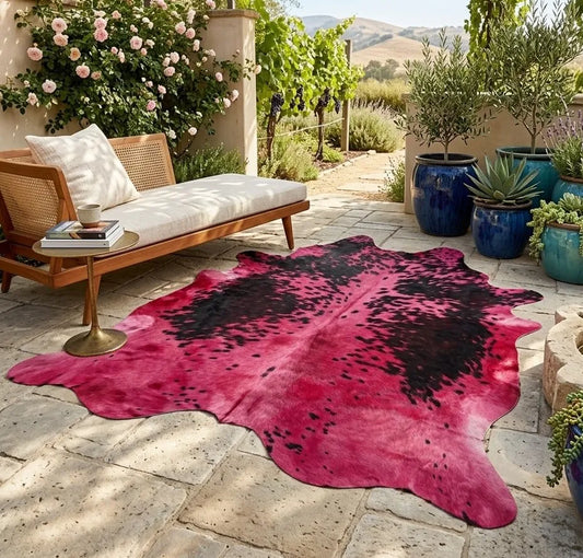 Medium Red Dyed Cowhide Rug — Warm Crimson with Black Markings | 4'4" x 4'6"