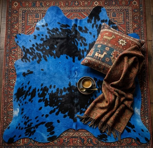 Dyed Blue Cowhide Rug with Black Spots (5x5 ft) – Azure Noir | Ventinots