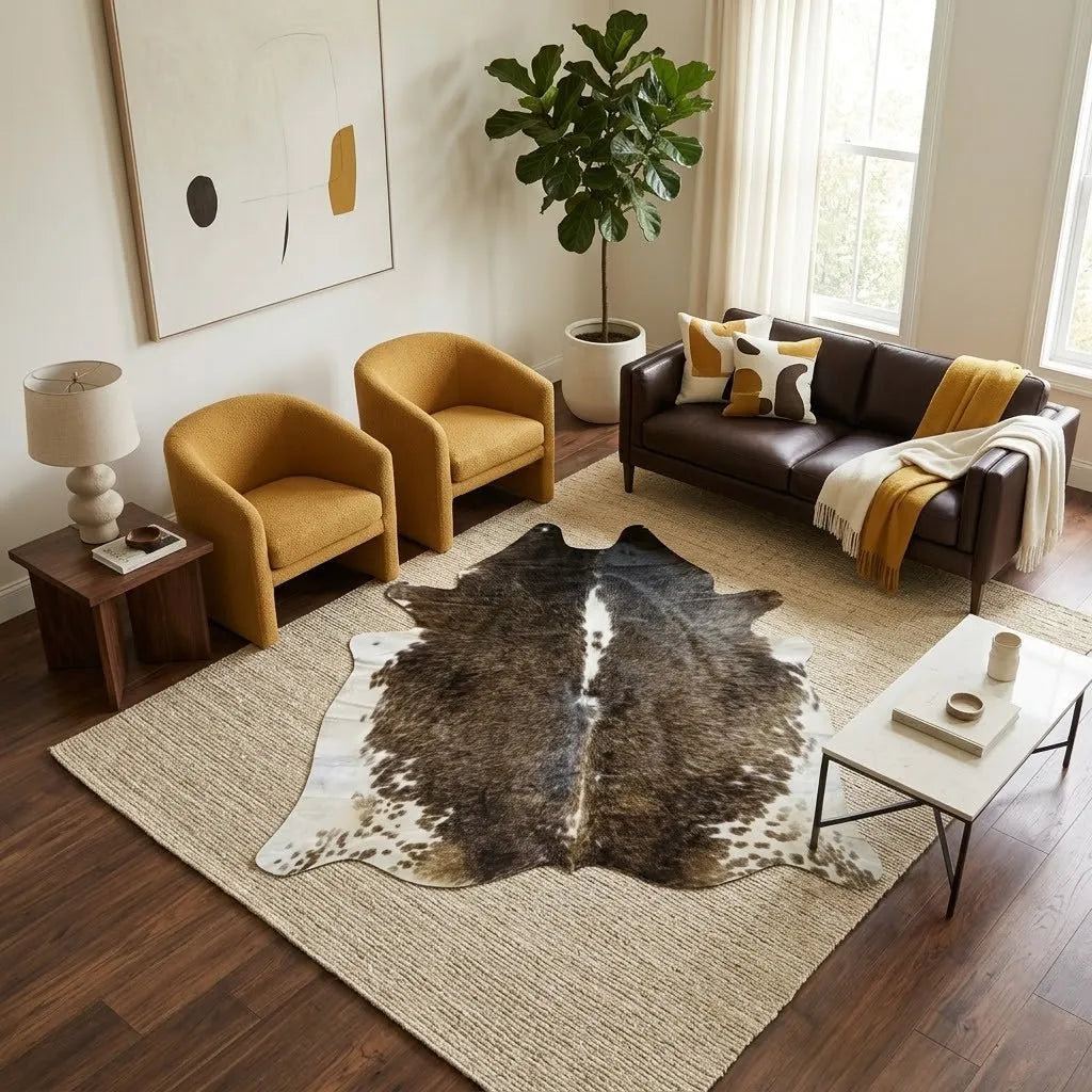 Brown and White, Tricolor Cowhide Rug – 5'-3" x 5'-3"