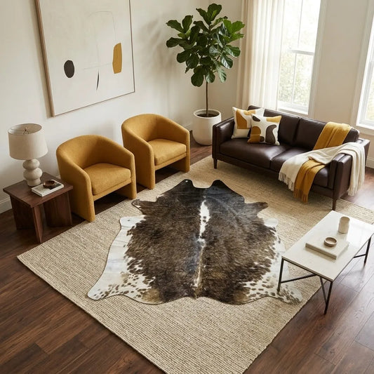 Brown and White, Tricolor Cowhide Rug – 5'-3" x 5'-3"