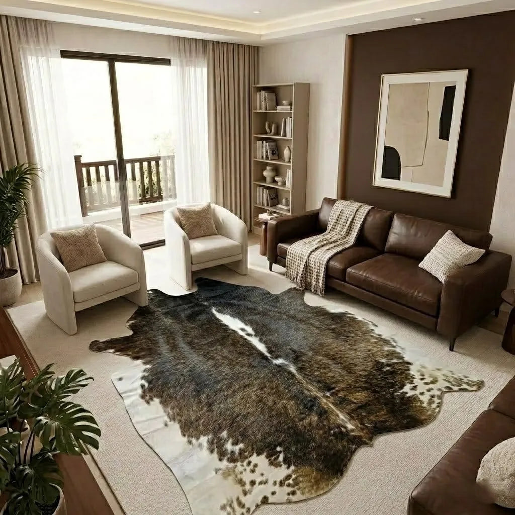 Brown and White, Tricolor Cowhide Rug – 5'-3" x 5'-3"