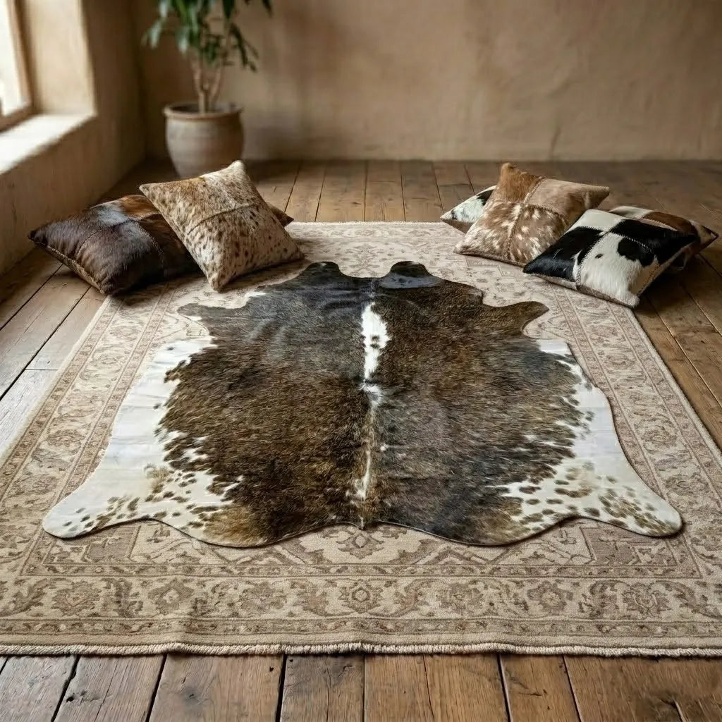 Brown and White, Tricolor Cowhide Rug – 5'-3" x 5'-3"