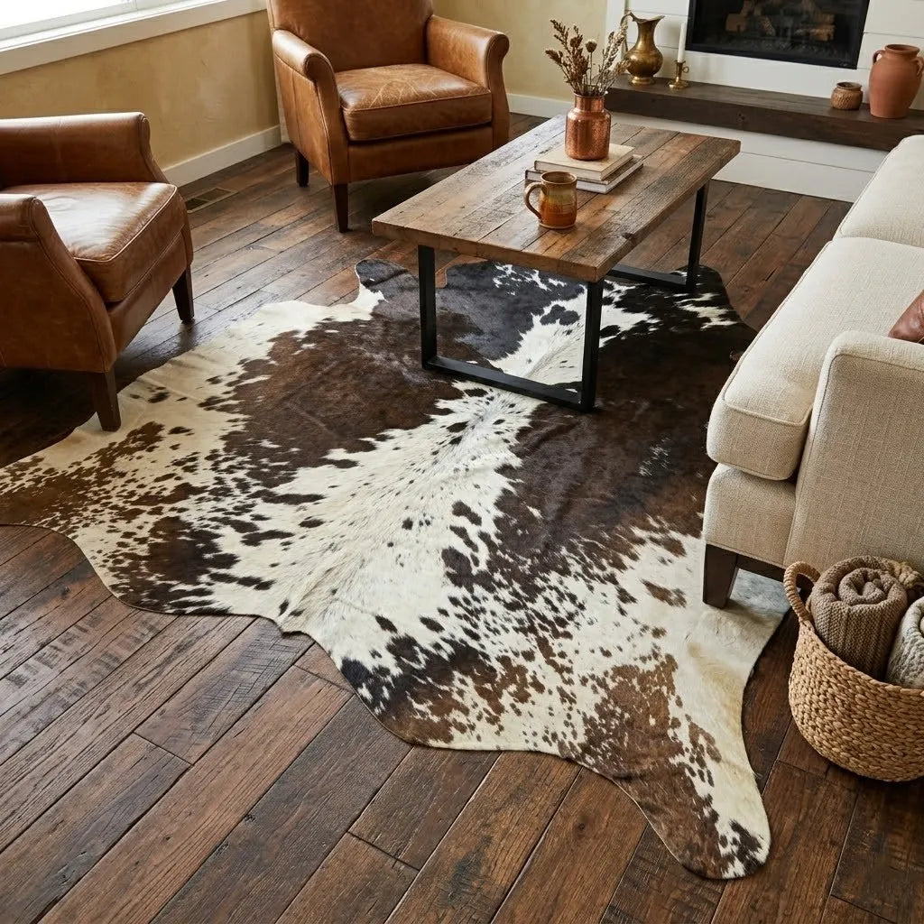 Brown and White, Brown salt and pepper, Tricolor Cowhide Rug – 5'-5" x 5'-6"